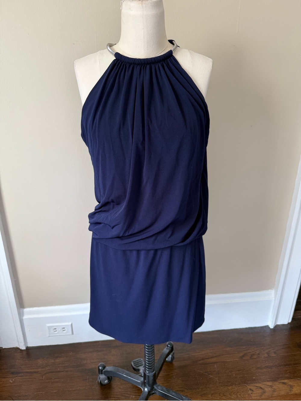Navy Halter Blouson Dress